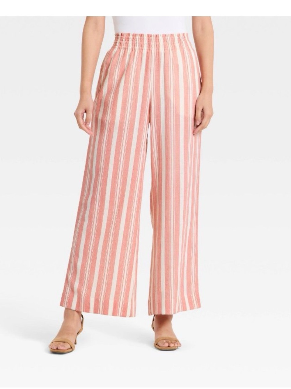 a new day Coral & White Striped Wide-Leg Pull-On Pants